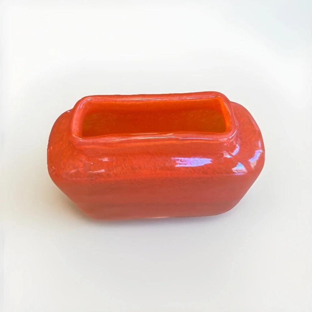 Crate & Barrel Vintage‎ Rectangle Orange Blown Glass Vase Heavy Contemporary